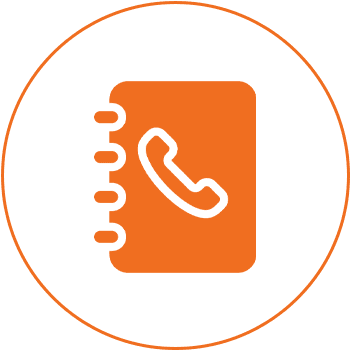 Orange contact book icon with phone symbol.