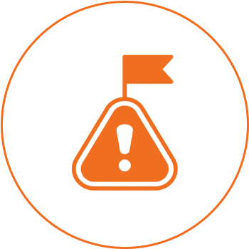 Warning symbol with flag in orange circle.
