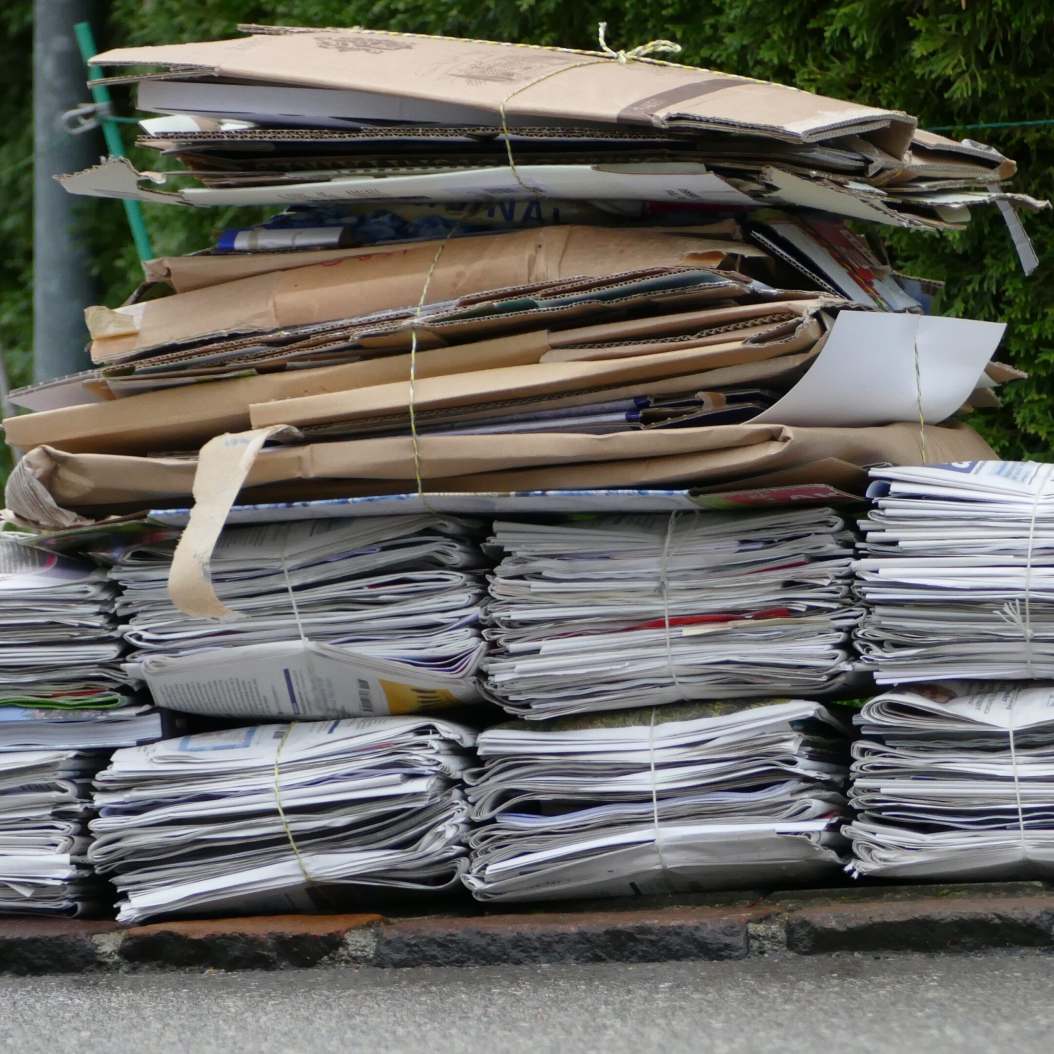 Stacked newspapers and cardboard for recycling.