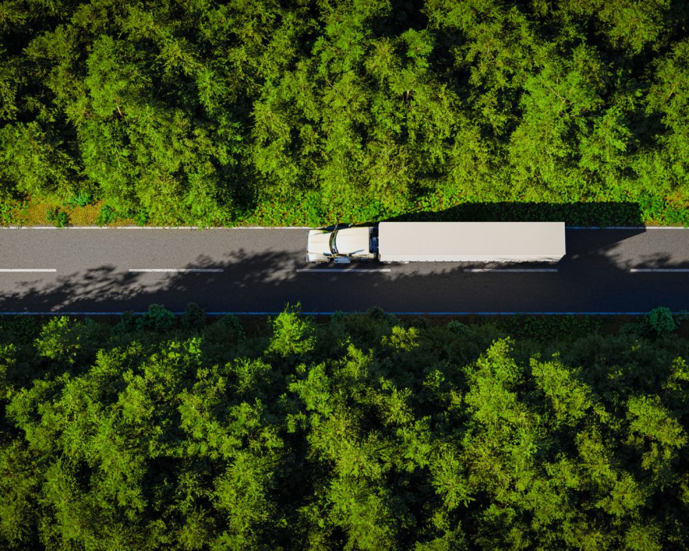 Truck driving through forested road, aerial view.