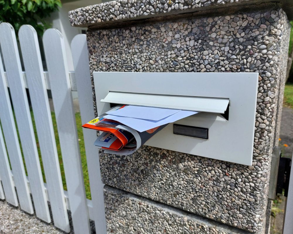 Mailbox filled with letters and magazines.