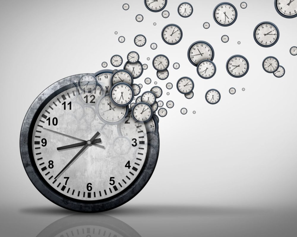 Clock with smaller clocks floating away.